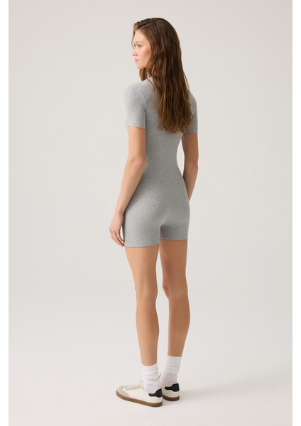 Gri Melanj Fitilli Kısa Kollu Kısa Tulum Short Romper