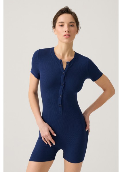 Lacivert Fitilli Kısa Kollu Kısa Tulum Short Romper
