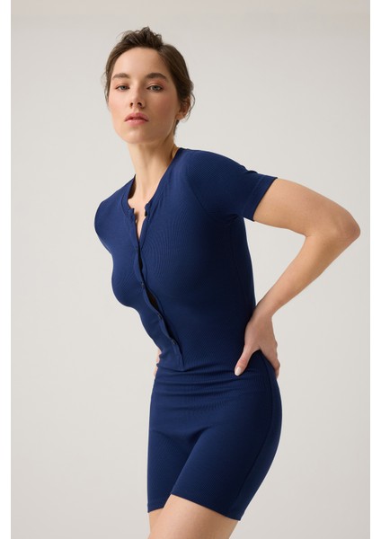 Lacivert Fitilli Kısa Kollu Kısa Tulum Short Romper