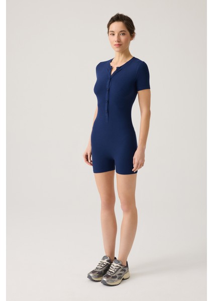 Lacivert Fitilli Kısa Kollu Kısa Tulum Short Romper