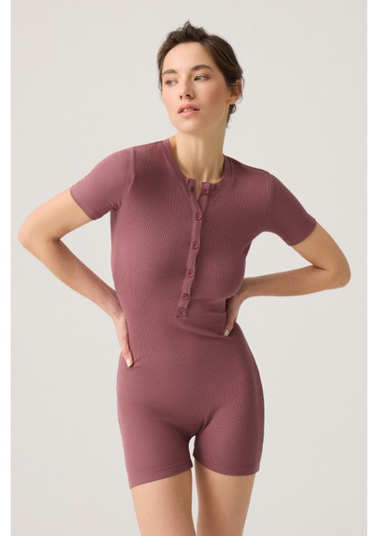 Bordo Fitilli Kısa Kollu Kısa Tulum Short Romper