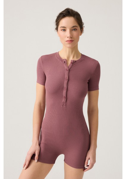 Bordo Fitilli Kısa Kollu Kısa Tulum Short Romper