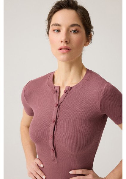 Bordo Fitilli Kısa Kollu Kısa Tulum Short Romper