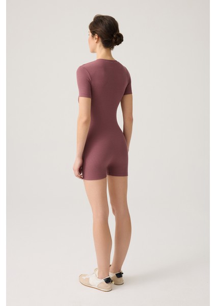 Bordo Fitilli Kısa Kollu Kısa Tulum Short Romper