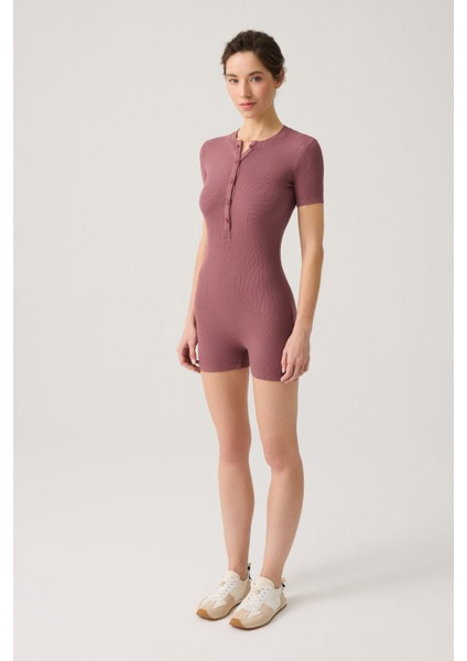 Bordo Fitilli Kısa Kollu Kısa Tulum Short Romper