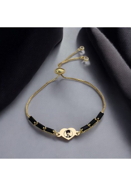 14 Ayar Altın Plakalı Şık Kalp Motifli Siyah Taşlı Özel Semboller Bilekliği