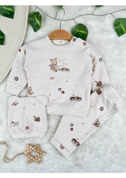 Racer Bear Baskılı %100 Pamuklu Mevsimlik Şapkalı 3'lü Erkek Bebek Takım