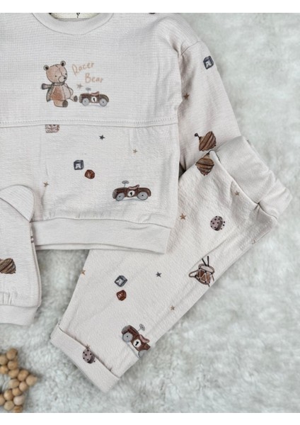 Racer Bear Baskılı %100 Pamuklu Mevsimlik Şapkalı 3'lü Erkek Bebek Takım fiyatları