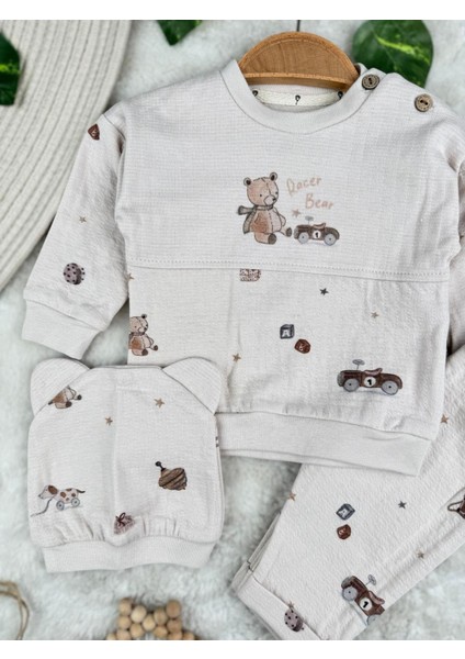 Racer Bear Baskılı %100 Pamuklu Mevsimlik Şapkalı 3'lü Erkek Bebek Takım modelleri