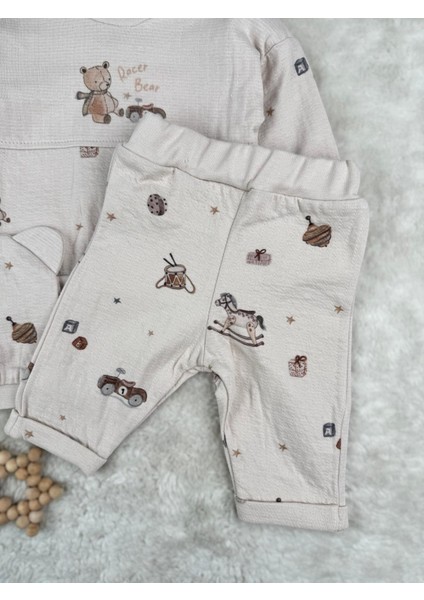 Racer Bear Baskılı %100 Pamuklu Mevsimlik Şapkalı 3'lü Erkek Bebek Takım fırsatları