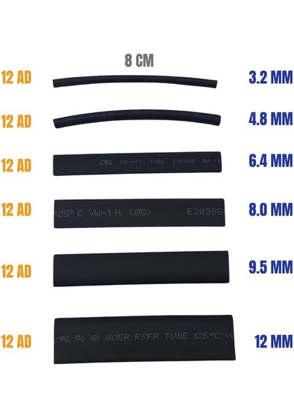 ISIYLA DARALAN MAKARON SETİ 8 CM (3.2-4.8-6.4-8.0-9.5-12.0 MM) 72 ADET
