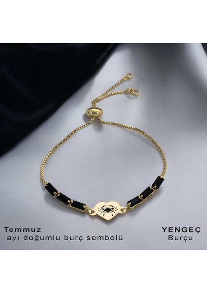 Şahane Kalp Motifli Siyah Taşlı ve 14 Ayar Altın Plakalı Doğum Ayına Özel Bileklik