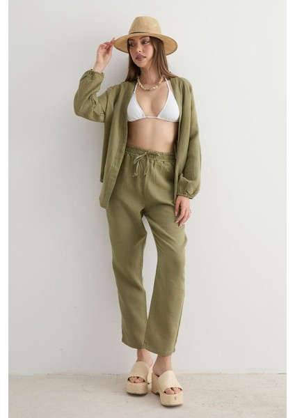 Kadın Haki Beli Lastikli Havuç Paça Muslin Pantolon