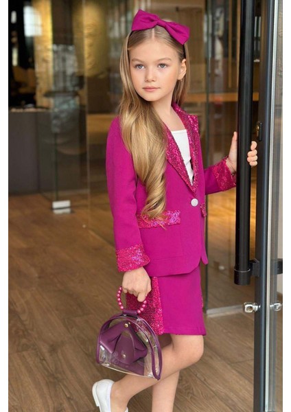 Kız Çocuk Bilekleri ve Yakası Pulpayet Detay Blazer Ceket Asimetrik Kesim Pullu Mor Etekli Takım