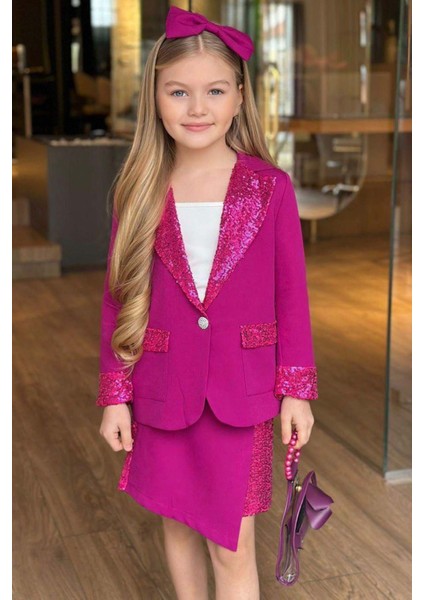 Kız Çocuk Bilekleri ve Yakası Pulpayet Detay Blazer Ceket Asimetrik Kesim Pullu Mor Etekli Takım fiyatları