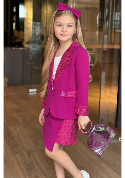 Kız Çocuk Bilekleri ve Yakası Pulpayet Detay Blazer Ceket Asimetrik Kesim Pullu Mor Etekli Takım modelleri