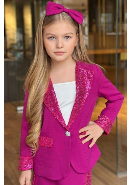 Kız Çocuk Bilekleri ve Yakası Pulpayet Detay Blazer Ceket Asimetrik Kesim Pullu Mor Etekli Takım fırsatları