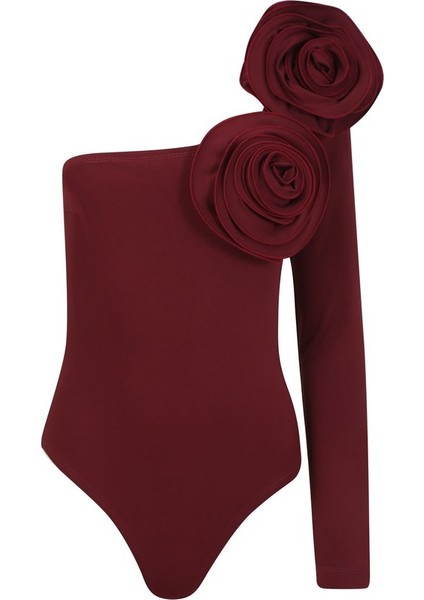 Bodysuit Elba Gül Detaylı Kadınlar İçin Modern ve Şık Kırmızı Renk