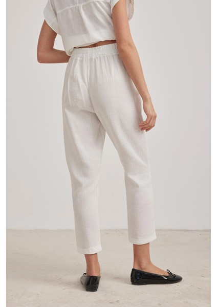 Kadın Ekru Beli Lastikli Havuç Paça Muslin Pantolon modelleri
