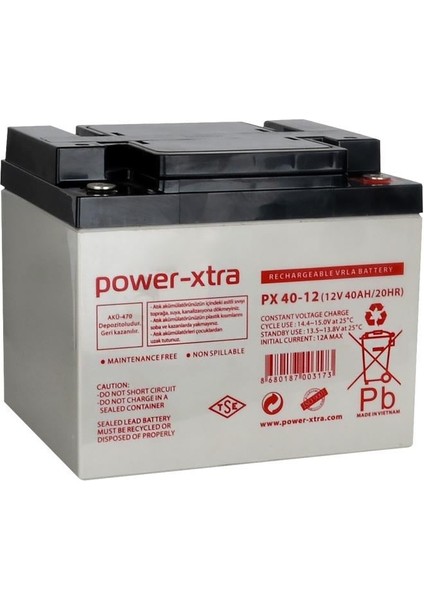 PX40-12N - 12V 40 Ah Bakımsız Kuru Akü - F8 (M6 Bolts)