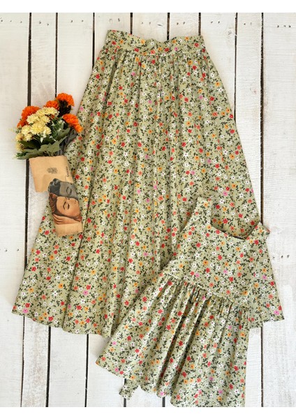Yeşil Çiçekli Poplin Anne Etek ve Kız Çocuk Elbise Kombini (Tekli Satılmaktadır)