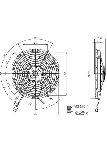 24V Fan Motoru Emici Aksiyel 11 " (Helis) (Dış Çap 310 Mm)
