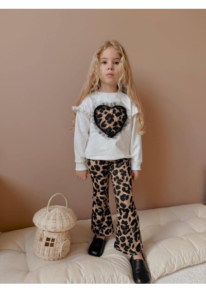 Leopar Taytlı Ispanyol Paça Kız Çocuk Alt Üst Takım 2556 Beyaz