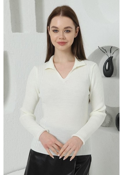 Kadın Ekru Polo V Yaka Triko Kazak fırsatları