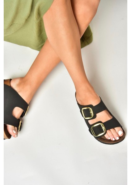 P777517402 Siyah Süet Çift Bantlı Kadın Terlik modelleri