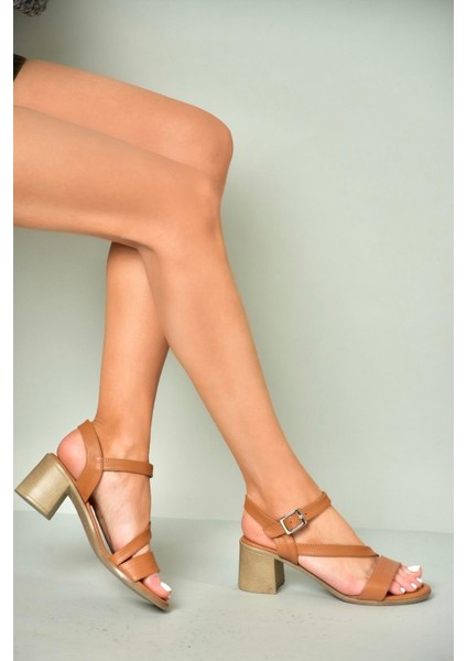 P555452803 Taba Kalın Topuklu Kadın Sandalet