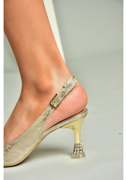 U820336214 Altın Sim Kalın Topuklu Abiye Ayakkabı