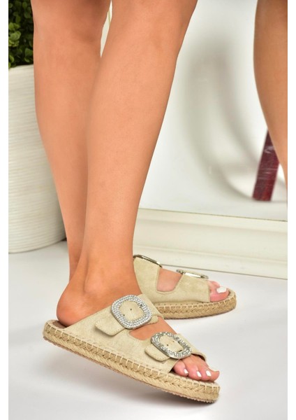 U250230102 Bej Süet Taş Detaylı Kadın Terlik modelleri
