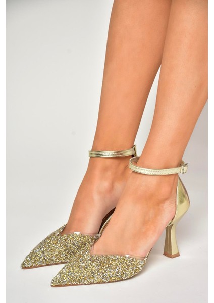 U614633414 Altın Sim Kalın Topuklu Abiye Ayakkabı