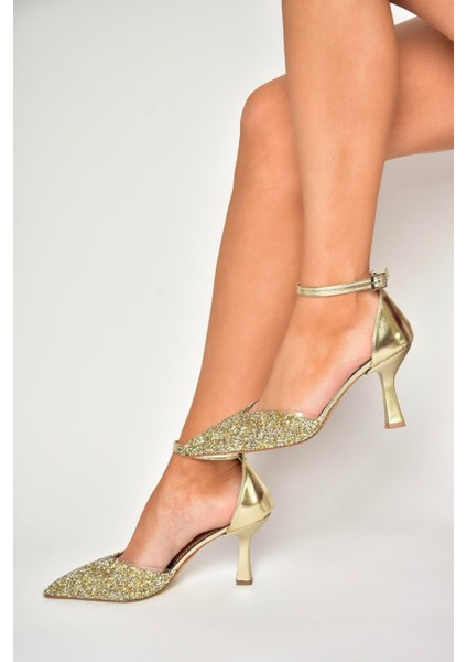 U614633414 Altın Sim Kalın Topuklu Abiye Ayakkabı fırsatları