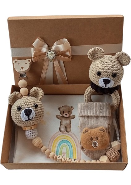 Hoşgeldin Bebek, Unisex, Yenidoğan Bebek Amigurumi Isimli Emzik Askısı Hediye Seti