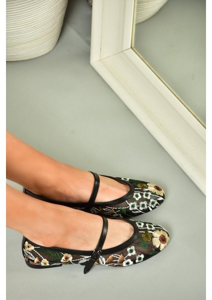 U820085515 Siyah File Çiçek Motifli Kadın Babet modelleri