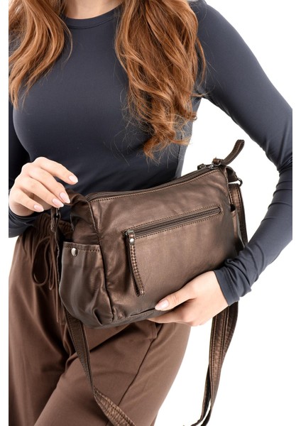 Suni Deri Omuz Çantası Bronz (Model: 571-13-10M)
