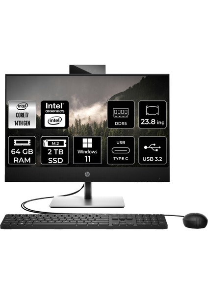 ProOne 440 G9 Intel Core i7 14700T 64GB 2TB SSD 23.8" FHD W11H All in One Bilgisayar & PER4 USB Bellek - WIFI YOK - 9H6X8ETPN374
