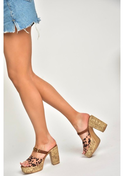 U996254404 Taba Leopar Desenli Kalın Topuklu Kadın Ayakkabı