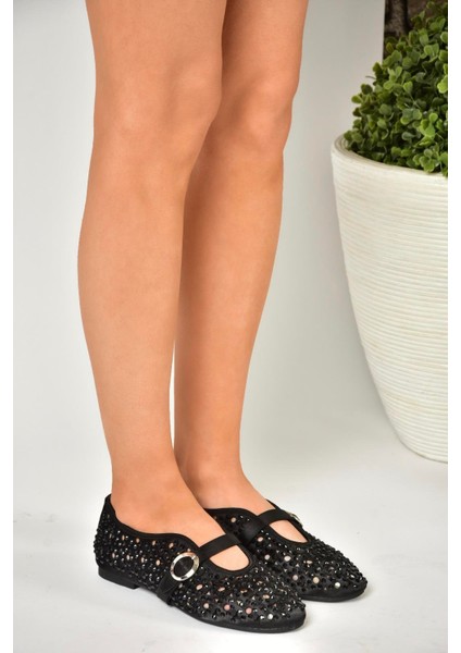 U820086704 Siyah Kumaş Taş Detaylı Kadın Babet modelleri