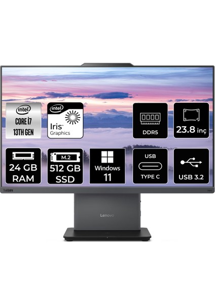 Thinkcentre Neo 50A Gen 5 Intel Core I7 13620H 24GB 512GB SSD 23.8" Fhd Windows 11 Home All In One Bilgisayar & Per4 USB Bellek 12SC000KTRP352