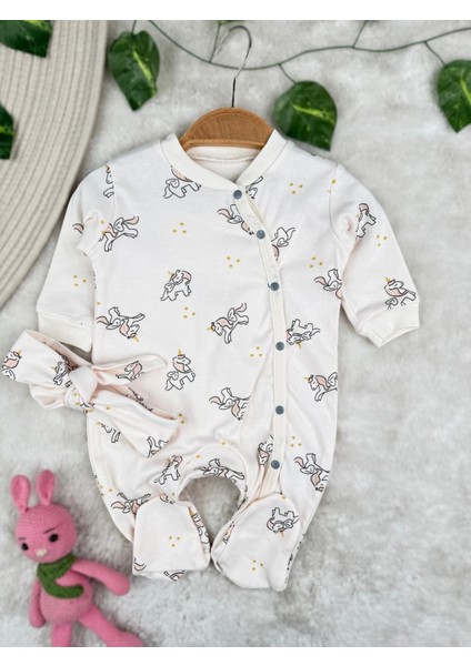 Unicorn Baskılı Pamuklu Bandanalı Kız Bebek Tulum Set