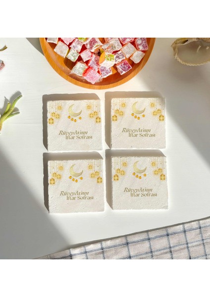 Ramazan, Iftar Sofrası, Hilalli Gold Tasarım 4’lü Kişiye Özel Doğal Taş Bardak Altlığı,