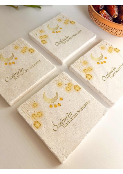Ramazan, Iftar Sofrası, Hilalli Gold Tasarım 4’lü Kişiye Özel Doğal Taş Bardak Altlığı, fiyatları