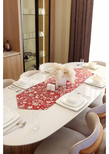 Kuş Desenli Otantik Desen Runner, 6'lı Özel Dikişli Kumaş Peçete Set