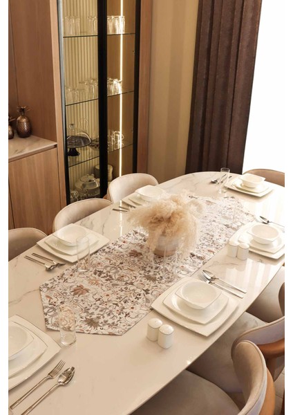 Kuş Desenli Otantik Desen Runner, 6'lı Özel Dikişli Kumaş Peçete Set
