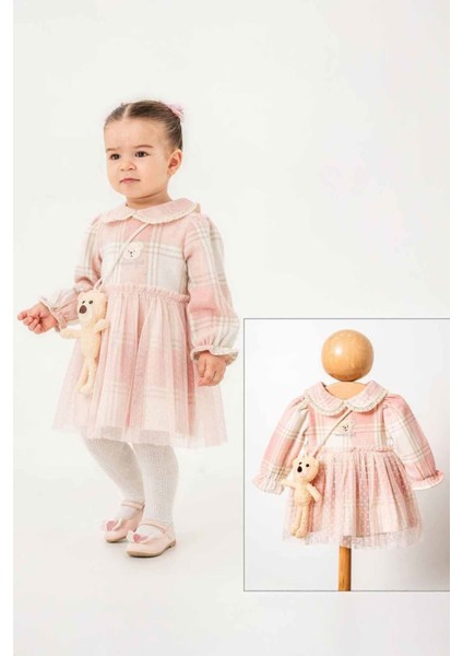 Miniğimin Cicileri Organik Ayıcık Çantalı Kız Bebe Tüllü elbise - Pembe