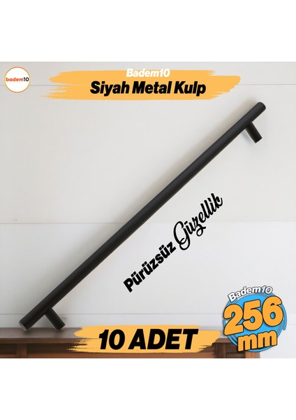Çubuk 10 Adet Siyah Metal Kulp (256 mm-25.6 cm) Mobilya Mutfak Çekmece Dolabı Kulpları