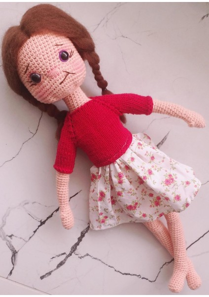 Kırmızı Elbiseli Kız Örgü Bebek 35 cm