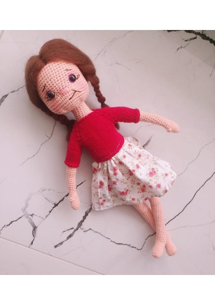 Kırmızı Elbiseli Kız Örgü Bebek 35 cm
